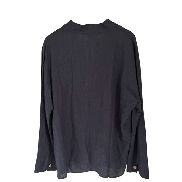 Kidoriman Tunic Linen & Cotton Navy Long Sleeve V-Neck Shirt With Buttoned Cuffs - Picture 4 of 7